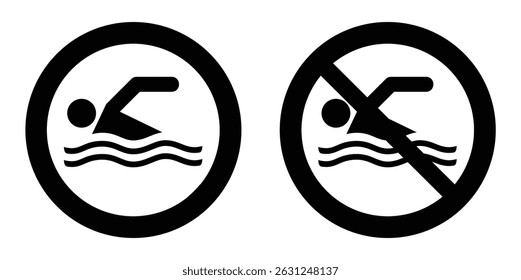 Swimming allowed and no swimming icons. Left icon shows swimming permitted, right icon has a prohibition sign. Suitable for safety signs, public pools, or beach notices. Swimming, icons.
