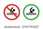 Swimming allowed and no swimming signs vector illustration. Swimmer sign icons set. Swimming allow and swimming not allowed.