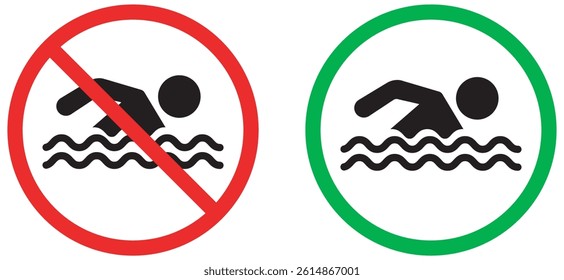 Swimming allowed and no swimming signs vector illustration with red and green circle icons showing safety rule and prohibition symbol. Vector swim zone guideline symbols. Vector illustration 