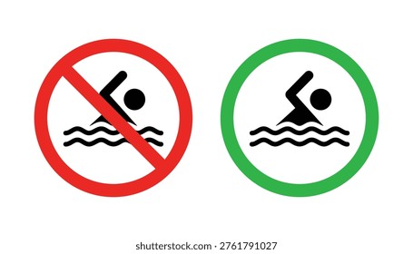 Swimming allowed and no swimming signs vector illustration. Swimmer sign icons set. Swimming allow and swimming not allowed.