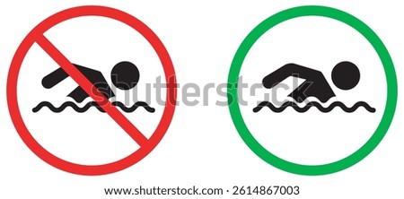 Swimming allowed and no swimming signs vector illustration with red and green circle icons showing safety rule and prohibition symbol. Swimming zone approval and ban icon. Vector illustration 