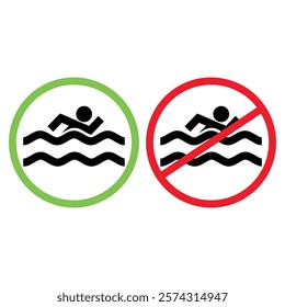 Swimming area and no swimming signs in red and green colors . Swim zone icon and swimming not allowed icon Vector template illustration