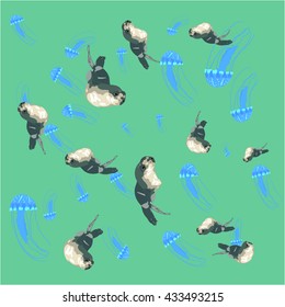 swimming baby fur seal and jellyfish background