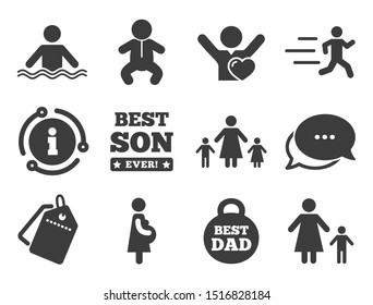 Swimming, baby and pregnant woman signs. Discount offer tag, chat, info icon. People, family icons. Best dad, runner and fan symbols. Classic style signs set. Vector