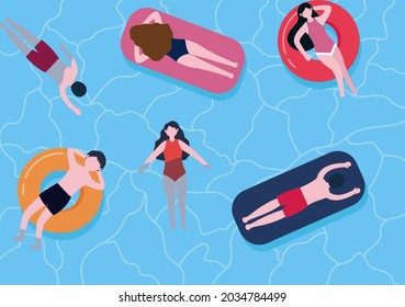 Swimming Background Vector Illustration in flat  cartoon style. people dressed in swimwear, swim in summer and performing water activities