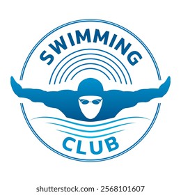 Swimming badge, icon or logo with swimmer silhouette. Swim design template. Vector illustration.