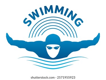 Swimming badge, icon or logo with swimmer silhouette. Swim design template. Vector illustration.