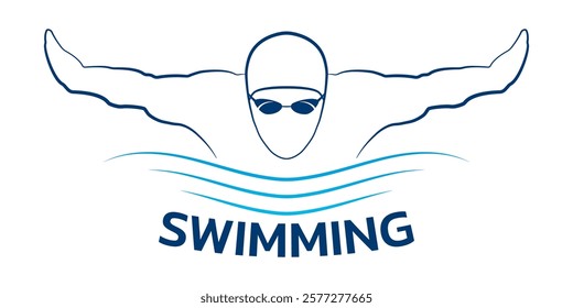 Swimming badge, icon or logo with swimmer silhouette. Swim design template. Vector illustration.