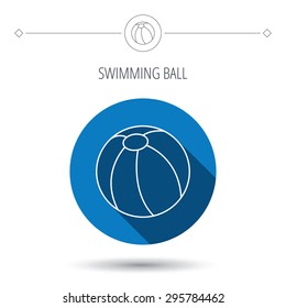 Swimming ball icon. Beach toy sign. Blue flat circle button. Linear icon with shadow. Vector