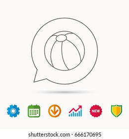 Swimming ball icon. Beach toy sign. Calendar, Graph chart and Cogwheel signs. Download and Shield web icons. Vector