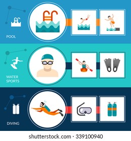 Swimming banners set with pool and diving elements isolated vector illustration