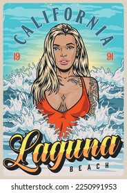 Swimming beach girl colorful poster portrait of blonde woman in swimsuit standing in ocean with words Laguna California vector illustration