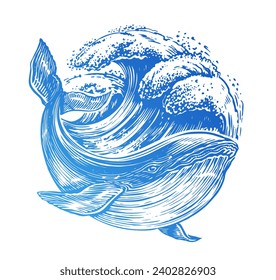 Swimming big whale and sea waves. Emblem in the shape of a circle on the theme of sea adventure, travel and discovery