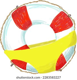 Swimming bikini of a large size, stretched on a lifebuoy. Isolated vector image for big swimwear advertising.