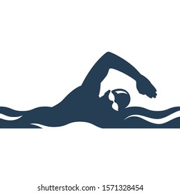 Swimming black silhouette. Athlete sports logo. Glyph icon freestyle swimmer glyph pictogram. Vector illustration flat design. Isolated on white background.