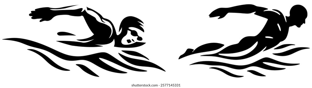 Swimming black silhouette. Athlete sports logo. Glyph icon freestyle swimmer glyph pictogram. Vector illustration flat design. Isolated on white background