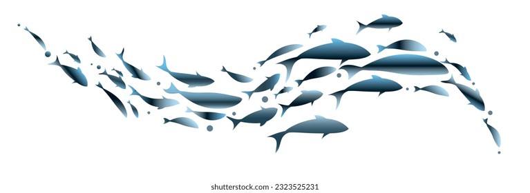 Swimming blue flock of fish. Vector colorful illustration.