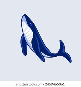 Swimming blue whale in flat style. Large mammal isolated under the sea. Animalistic vector illustration.
