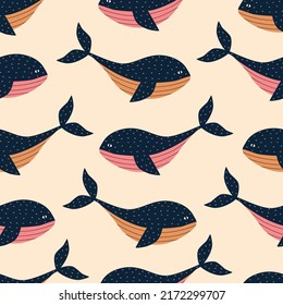 Swimming blue whales hand drawn vector illustration. Colorful underwater animal in flat style seamless pattern for children fabric or wallpaper.