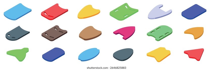  Conjunto de ícones da área de natação. Coleção de várias formas e cores de kickboards flutuantes, ideal para treinamento de natação e atividades de água recreativas