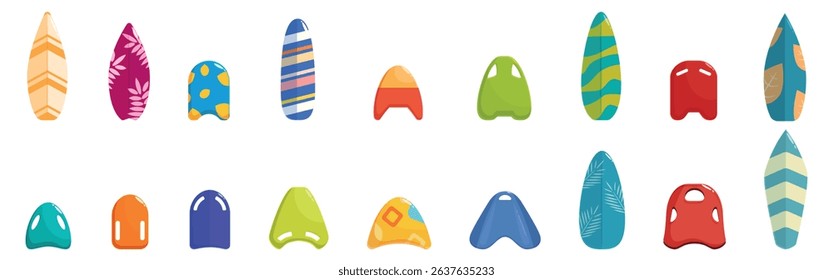  Swimming board icons set. Colorful set of surfboards and kickboards showing different patterns, perfect for representing summer sports and activities