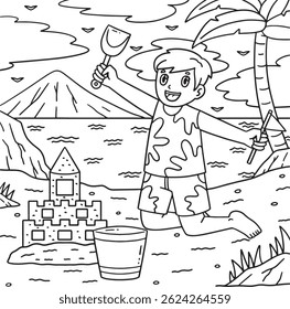 Swimming Boy Building a Sandcastle Coloring Page 