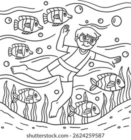 Swimming Boy with Fishes Coloring Page for Kids 