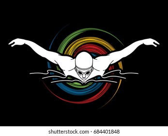 Swimming butterfly, man swimming designed on spin wheel background graphic vector