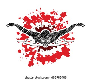 Swimming butterfly, man swimming designed on splatter texture graphic vector