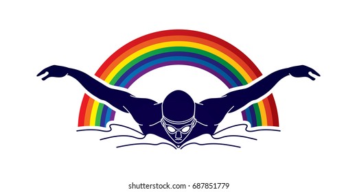 Natación de mariposa, natación masculina diseñada en vectores gráficos de fondo arco iris