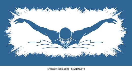 Swimming butterfly, man swimming designed on grunge frame graphic vector