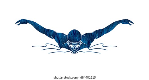 Swimming butterfly, man swimming designed using blue grunge brush graphic vector