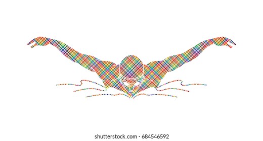 Swimming butterfly, man swimming designed using colorful pixels graphic vector