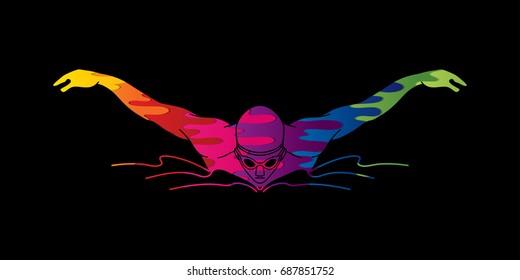 Natación de mariposa, natación humana diseñada con colores de fusión vectorial gráfico