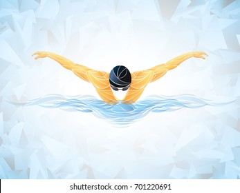 swimming butterfly. Muscular young man in blue cap in swimming pool