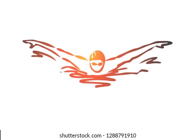 Natación, mariposa, infarto cerebral, atleta, concepto de piscina. Hombre dibujado a mano nadando mariposa en el dibujo conceptual de la piscina. Ilustración vectorial aislada.