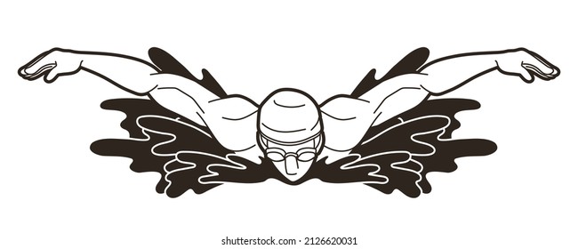 Swimming Butterfly Swimmer Action Cartoon Sport Graphic Vector