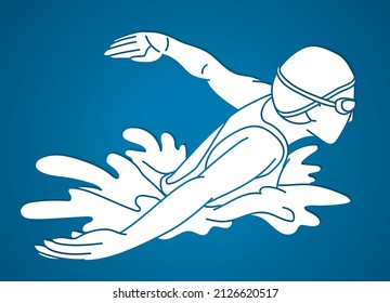 Swimming Butterfly Swimmer Action Cartoon Sport Graphic Vector