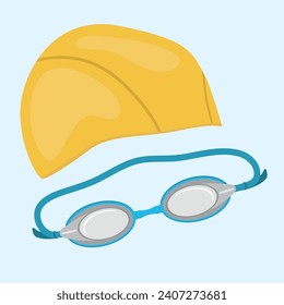 Swimming cap and goggles vector illustration. Swim equipment graphic in flat style design.