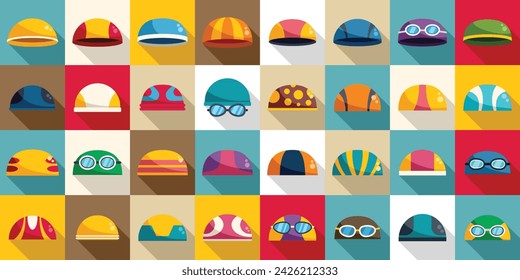 Iconos de gorro de natación conjunto vector plano. Buceo en la piscina. Máscara de nadador