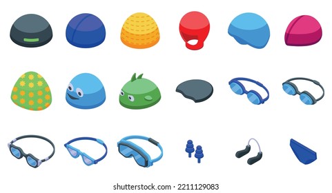 Swimming Cap Icons Set Isometric Vector. Pool Swim. Water Summer