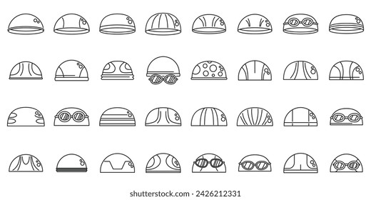 Schwimmkappe Symbole setzen Umrissvektor. Schwimmbad Tauchen. Schwimmmaske