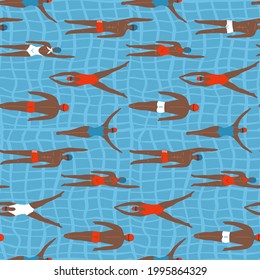 Swimming cartoon atheletes women and men in the swimming pool. Water sport seamless pattern in flat vectorstyle. Professional swimmers.