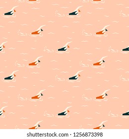 Swimming cartoon flat people in the ocean. Water summer sport seamless pattern in vector.