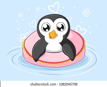 Swimming cartoon penguin with a big swim ring