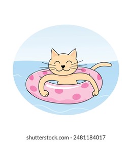 swimming cat, ginger cat floating on pink inflatable ring, cool summer vacation vector illustration