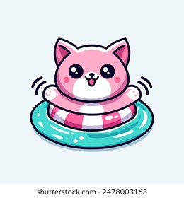 Swimming cat mascot with a life vest in a cute and simple cartoon style, with clean lines and minimalist details. Perfect for logos, promotions or merchandise, adding a fun and interesting touch.