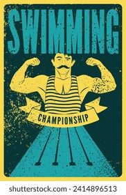 Campeonato de Natación diseño de afiches estilo grunge tipográfico con nadador atlético retro. Ilustración vectorial retro.