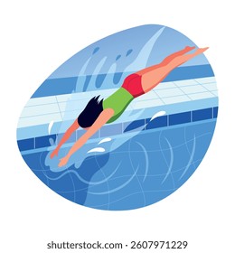Swimming character dive into a pool, flat style illustration