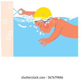 Swimming child. A boy getting face and breathing under water. Vector illustration